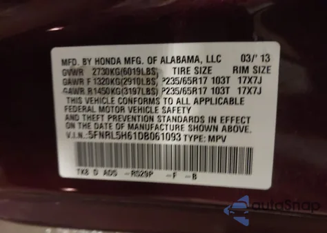 2013 Honda Odyssey Ex-L z USA, uszkodzony, nr VIN 5FNRL5H61DB061093